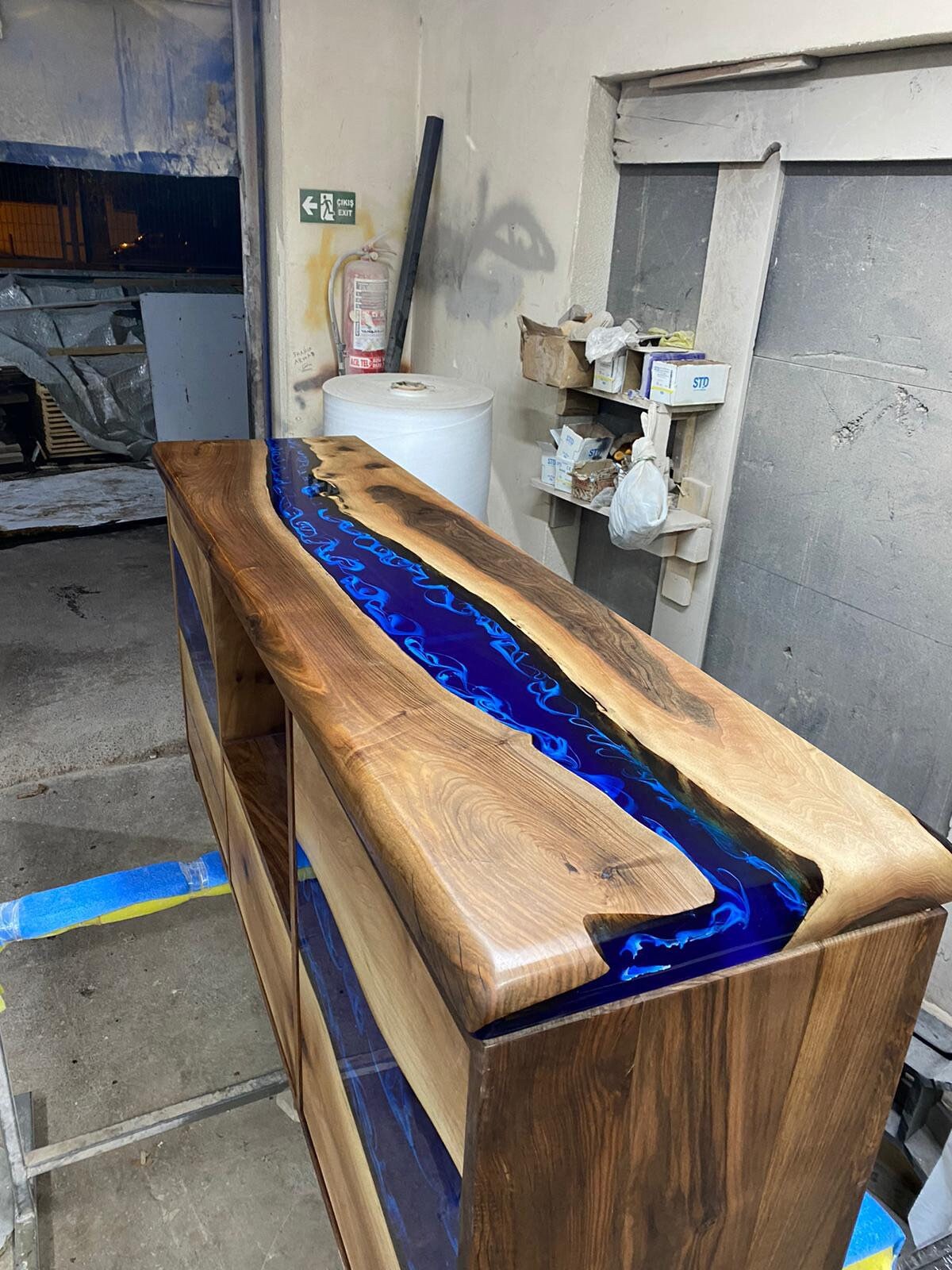 Custom 65” x 16” x 32” Epoxy Console, Walnut Blue Epoxy Resin Cabinet, Blue River Credenza, Walnut Credenza TV-Stand for Home for Leshea