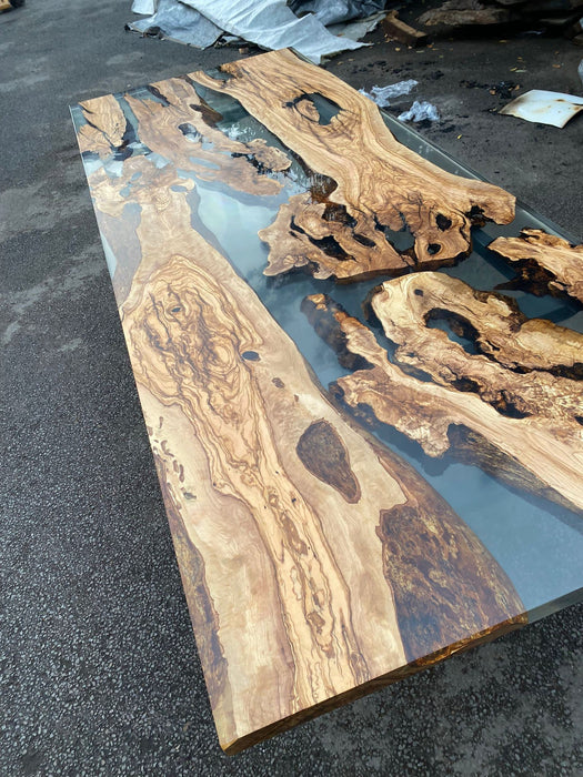 Epoxy Table, Epoxy Dining Table, Olive Epoxy River Table, Custom 115” x 44” Olive Wood Clear Epoxy Dining Table Order for Andi