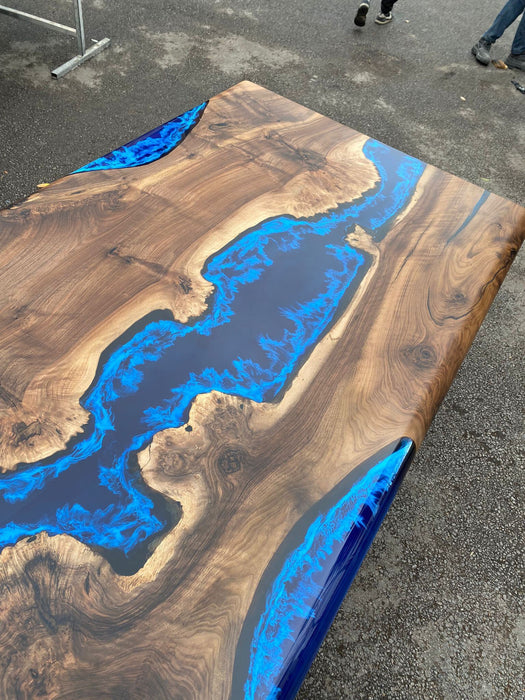 Custom 72” x 42” Walnut Deep Dark Blue and White Swirls Epoxy Dining Table Order for Veronica