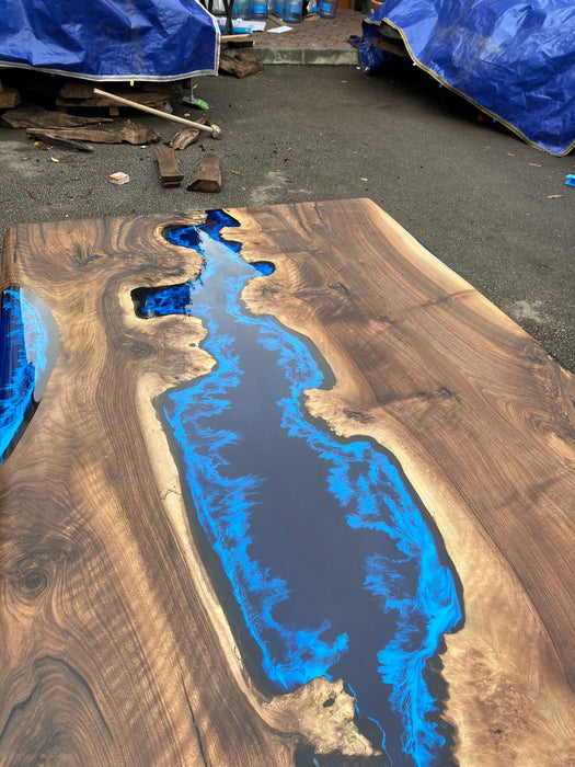 Custom 72” x 42” Walnut Deep Dark Blue and White Swirls Epoxy Dining Table Order for Veronica