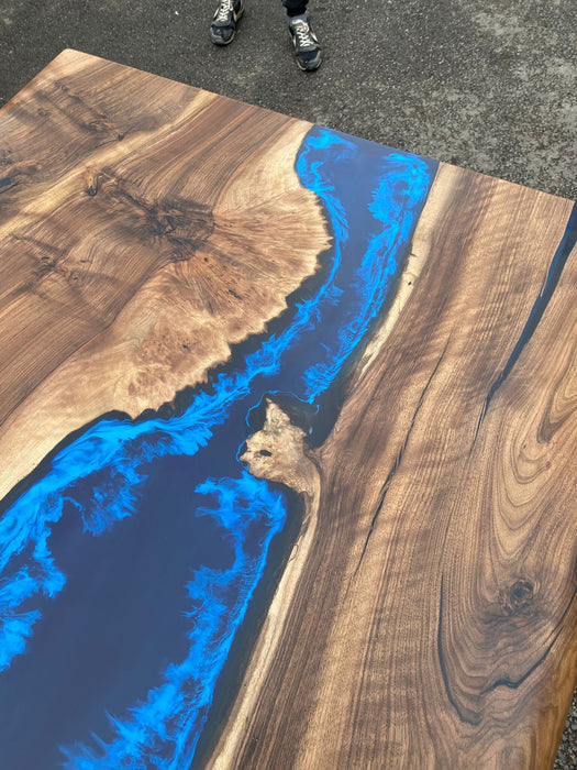 Custom 72” x 42” Walnut Deep Dark Blue and White Swirls Epoxy Dining Table Order for Veronica