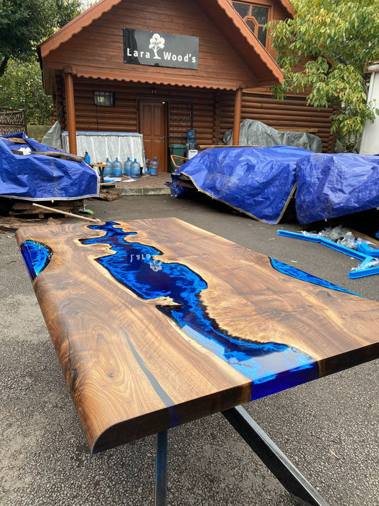 Custom 72” x 42” Walnut Deep Dark Blue and White Swirls Epoxy Dining Table Order for Veronica