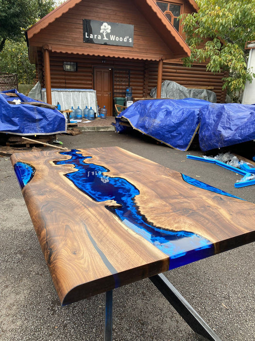 Custom 72” x 42” Walnut Deep Dark Blue and White Swirls Epoxy Dining Table Order for Veronica