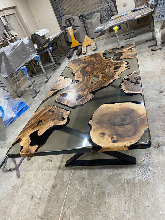 Epoxy Table, Epoxy Dining Table, Walnut Epoxy River Table, Custom 96” x 50” Walnut Smokey Gray Epoxy River Table Order