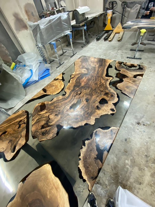 Epoxy Table, Epoxy Dining Table, Walnut Epoxy River Table, Custom 96” x 50” Walnut Smokey Gray Epoxy River Table Order