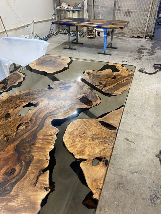 Epoxy Table, Epoxy Dining Table, Walnut Epoxy River Table, Custom 96” x 50” Walnut Smokey Gray Epoxy River Table Order