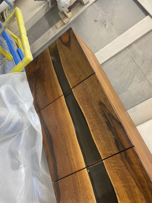 Clear Epoxy Resin Table, Custom 86”L x 20”D x 28”-36”H Walnut Credenza, Wood Smokey Gray Epoxy Resin Credenza, Walnut Epoxy Credenza