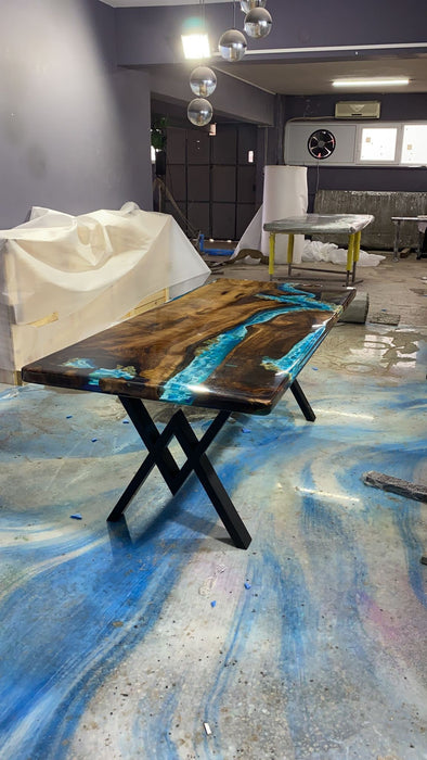 Live Edge Table, Handmade Epoxy Table, Custom 84” x 36” Walnut Blue and Turquoise Green Epoxy Aquarium Rocks Dining Table Order for Vini