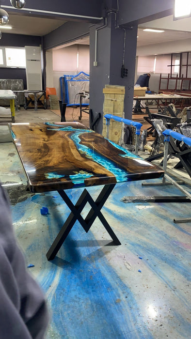 Live Edge Table, Handmade Epoxy Table, Custom 84” x 36” Walnut Blue and Turquoise Green Epoxy Aquarium Rocks Dining Table Order for Vini