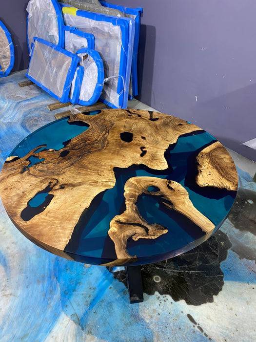 Epoxy Coffee Table, Custom 48” Round Table, Walnut Transparent Turquoise Green Table, Epoxy Dining Table, River Table, Custom for Steve R