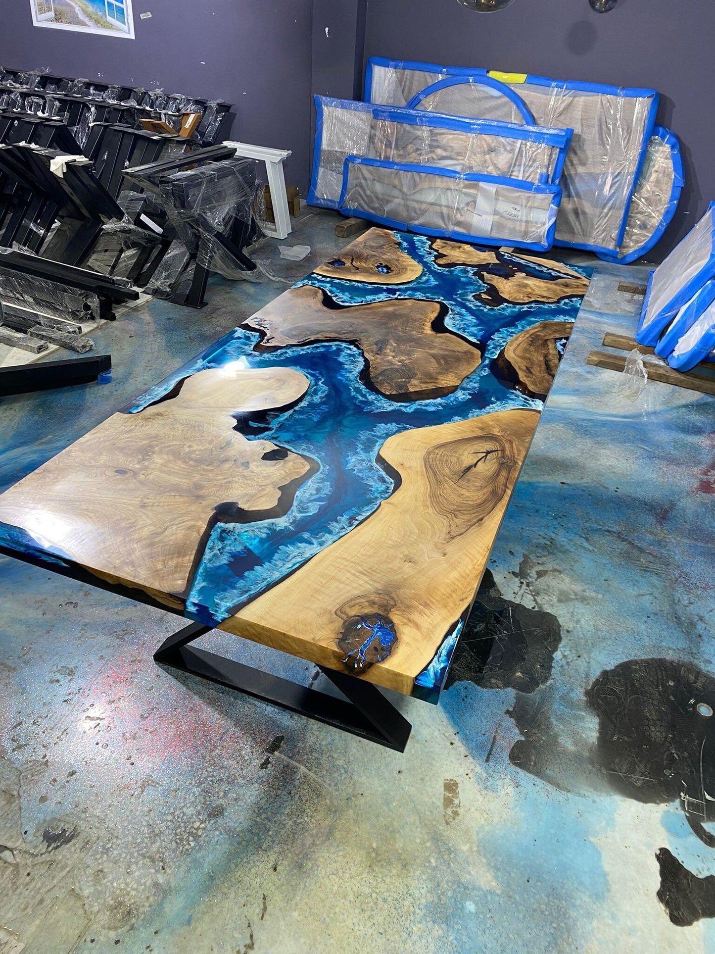 Walnut Dining Table, Live Edge Table, Custom 96” x 40” Walnut Blue Table, Turquoise Green Epoxy Table, Epoxy Dining Table, for Charlotte