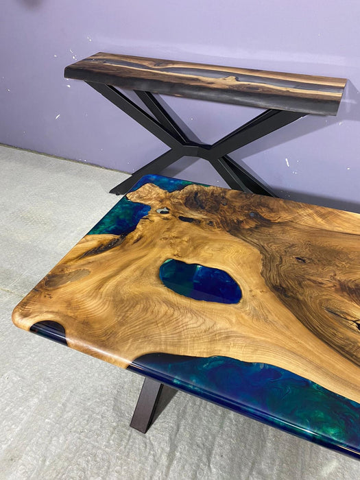 Epoxy Table, Epoxy Dining Table, Walnut Epoxy River Table, Custom 66” x 42” Walnut Blue, Turquoise, Green Epoxy Table, Order for Anne