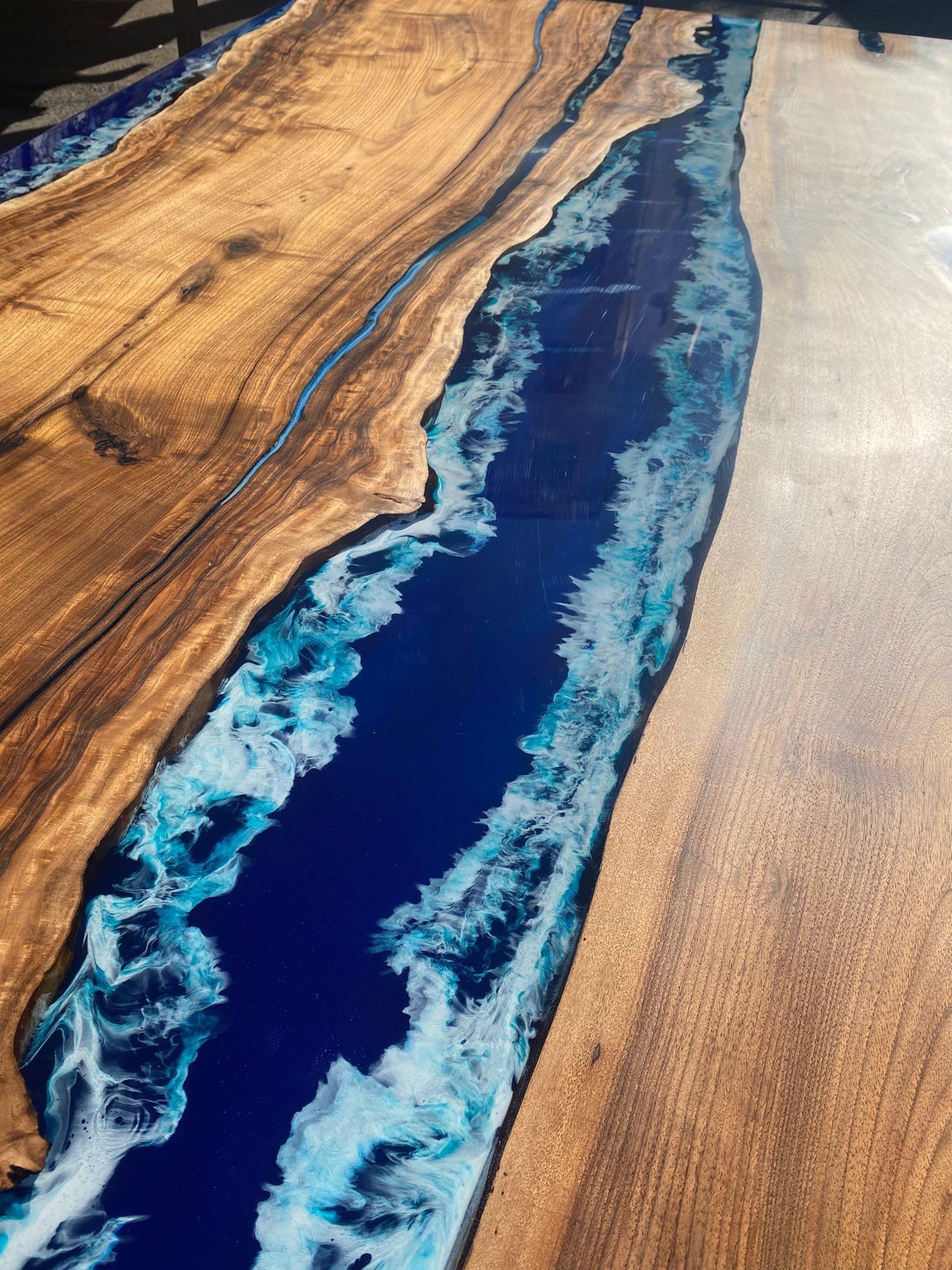 Walnut Dining Table, Live Edge Table, Custom 115” x 50” Walnut Ocean Blue, Turquoise White Waves Epoxy, River Table Order for Kishan Tampa