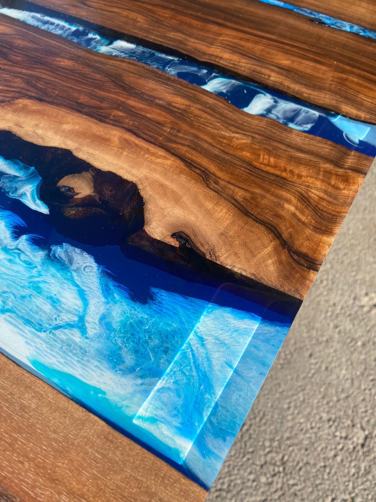 Walnut Dining Table, Live Edge Table, Custom 115” x 50” Walnut Ocean Blue, Turquoise White Waves Epoxy, River Table Order for Kishan Tampa