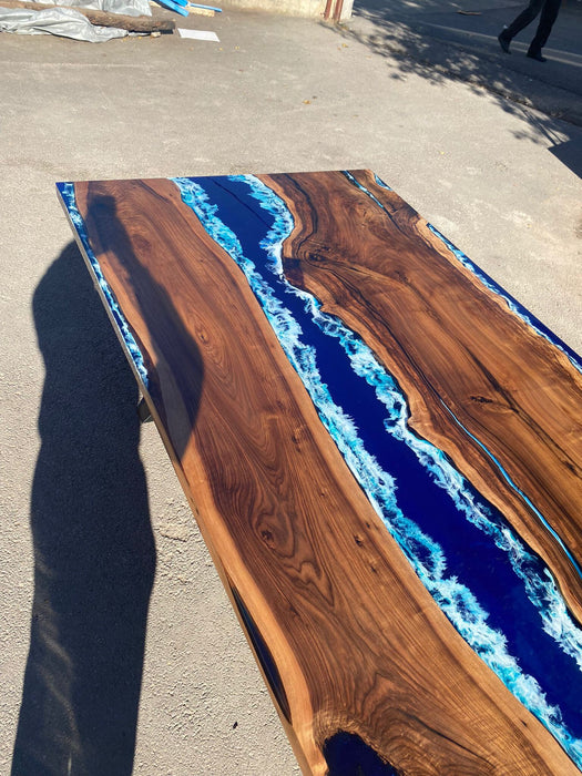 Walnut Dining Table, Live Edge Table, Custom 115” x 50” Walnut Ocean Blue, Turquoise White Waves Epoxy, River Table Order for Kishan Tampa