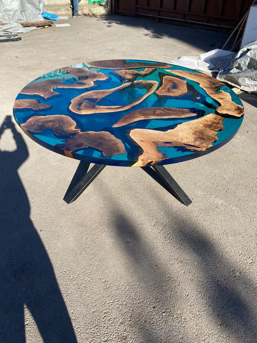 Round Dining Table, Custom 72” Diameter Round Walnut Table, Blue Epoxy Dining Table, Live Edge Table, Custom Order for Michelle