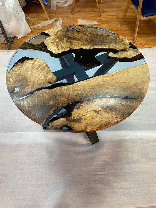 Round Dining Table, Custom 48” Round Walnut Transparent Light Sky Blue Table, Epoxy River Table, Live Edge Table, Custom Order for Kristie 1
