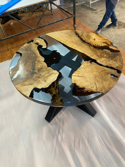 Round Dining Table, Custom 48” Round Walnut Transparent Light Sky Blue Table, Epoxy River Table, Live Edge Table, Custom Order for Kristie 1