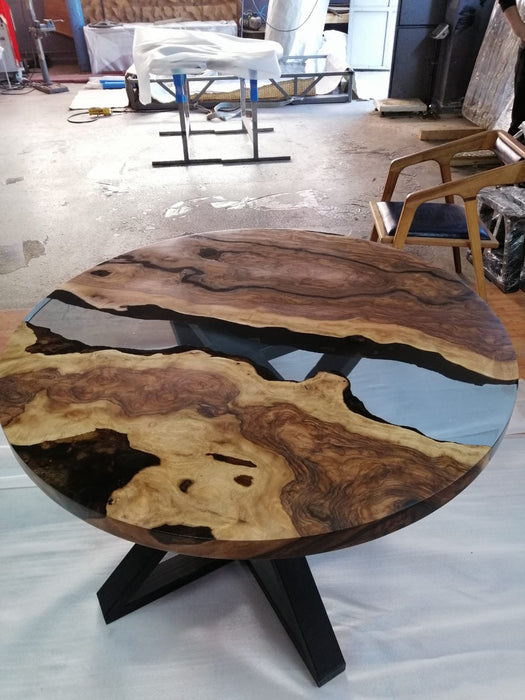 Round Dining Table, River Table, Custom 48” Round Walnut Transparent Light Sky Blue Table, Epoxy River Table, Order for Kristie 3