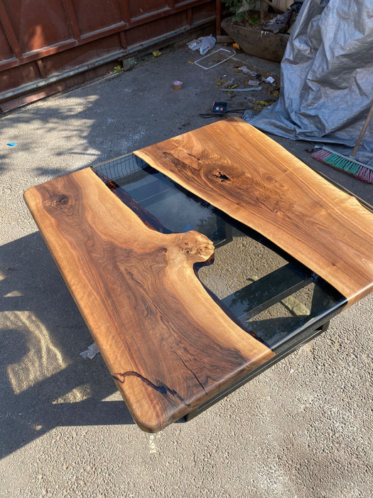 Walnut Dining Table. Epoxy Dining Table, Epoxy Resin Table, Custom 40” x 40” Walnut Smokey Gray Table, Epoxy River Table, Order for Alison A