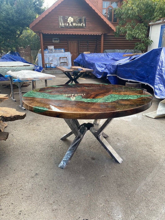 Epoxy Dining Table, Epoxy Resin Table, Custom 60” Diameter Round Walnut Table, Green Epoxy Dining Table, River Table, Custom Order for Laina