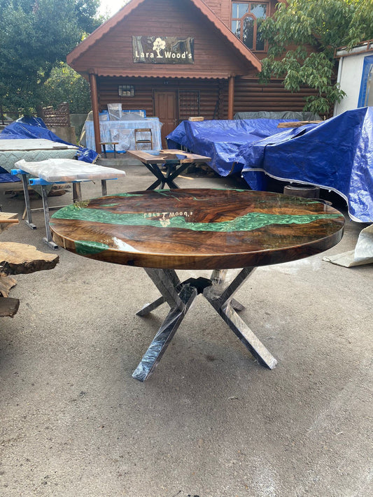 Epoxy Dining Table, Epoxy Resin Table, Custom 60” Diameter Round Walnut Table, Green Epoxy Shiny Dining Table, Custom Order for Laina