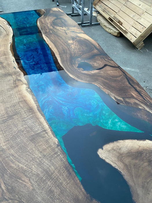 Handmade Epoxy Table, Epoxy Dining Table, Epoxy Resin Table, Custom 90” x 50” Walnut Blue, Turquoise, Green Epoxy Dining Table for Suzanne V