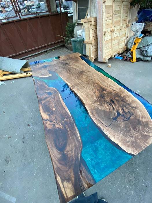 Handmade Epoxy Table, Epoxy Dining Table, Epoxy Resin Table, Custom 90” x 50” Walnut Blue, Turquoise, Green Epoxy Dining Table for Suzanne V