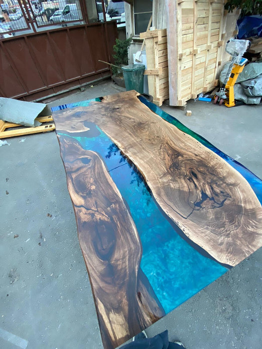 Handmade Epoxy Table, Epoxy Dining Table, Epoxy Resin Table, Custom 90” x 50” Walnut Blue, Turquoise, Green Epoxy Dining Table for Suzanne V