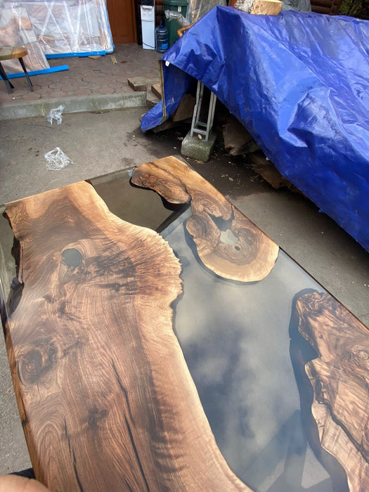 Live Edge Table, Epoxy Dining Table, Epoxy Resin Table, Custom 75” x 40” Walnut Smokey Gray Table, River Dining Table Order for Marie S