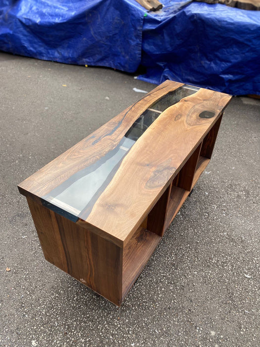 Custom Epoxy Console, 55” x 19” x 32” Walnut Wood Epoxy Resin Open Credenza, Walnut Epoxy Epoxy Credenza, Dining Room Sideboard for Mary G