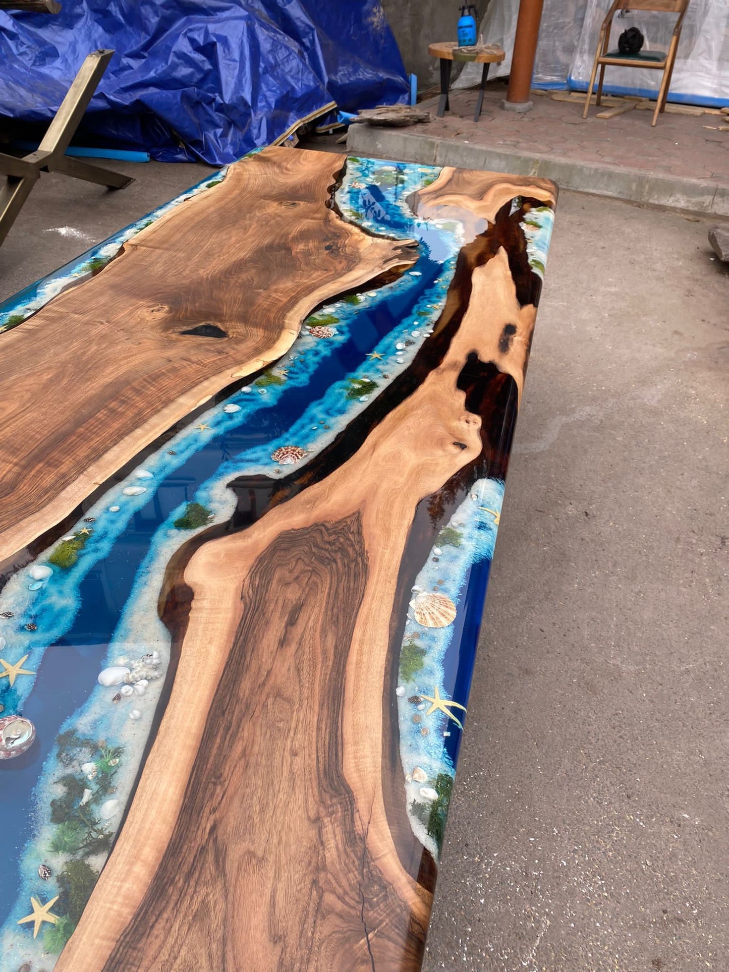 Ocean Table, Epoxy Dining Ocean Table, Custom 96” x 40” Walnut Wood Ocean Aquarium Theme Table, Epoxy River Table, Order for Arif M1