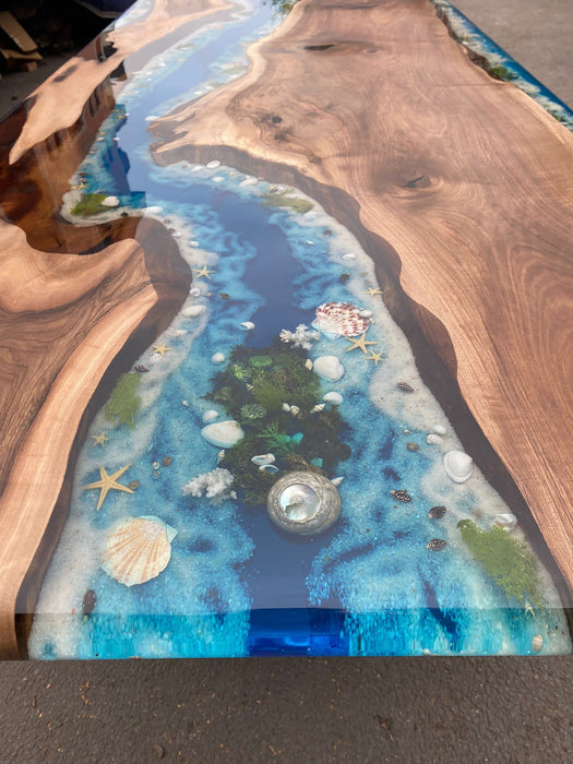 Ocean Table, Epoxy Dining Ocean Table, Custom 96” x 40” Walnut Wood Ocean Aquarium Theme Table, Epoxy River Table, Order for Arif M1