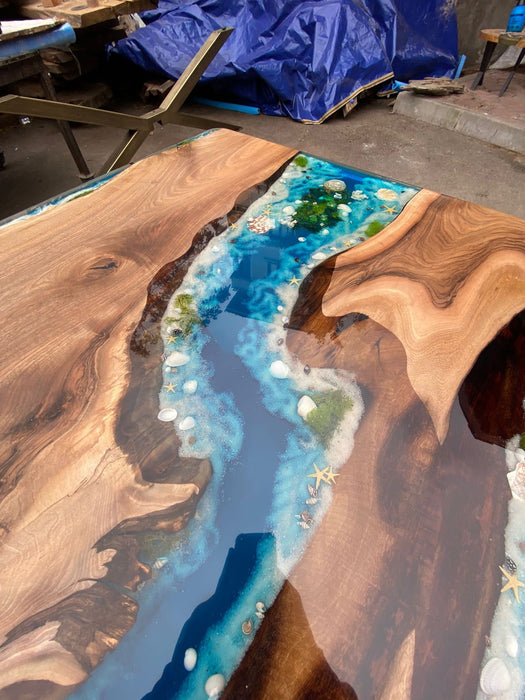 Ocean Table, Epoxy Dining Ocean Table, Custom 96” x 40” Walnut Wood Ocean Aquarium Theme Table, Epoxy River Table, Order for Arif M1