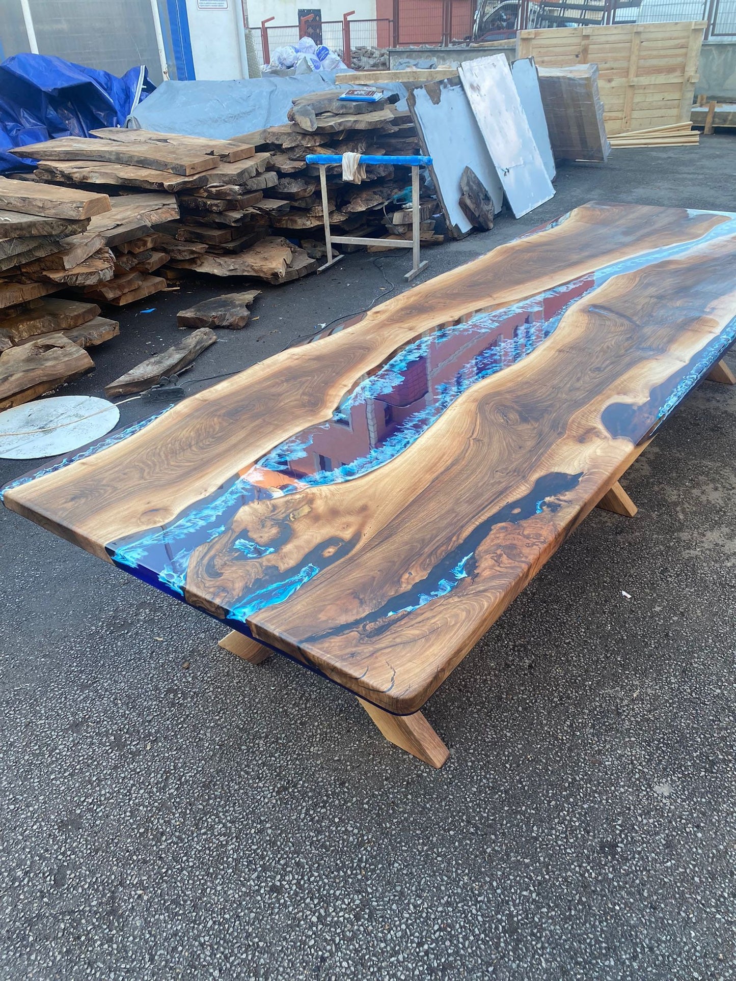 Handmade Epoxy Table, Live Edge Table, Epoxy Table, Custom 150” x 48” Walnut Blue Table, Epoxy River Dining Table, Order for Lauren Ca