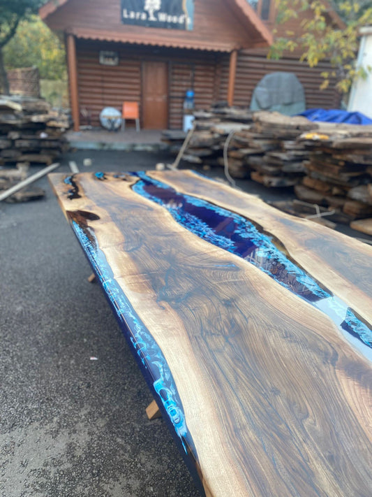 Handmade Epoxy Table, Live Edge Table, Epoxy Table, Custom 150” x 48” Walnut Blue Table, Epoxy River Dining Table, Order for Lauren Ca