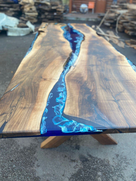 Handmade Epoxy Table, Live Edge Table, Epoxy Table, Custom 150” x 48” Walnut Blue Table, Epoxy River Dining Table, Order for Lauren Ca