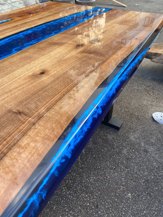 Epoxy Dining Table, Epoxy Resin Table, Custom 96” x 42” Walnut Shiny Royal Blue, Turquoise White Waves Epoxy Table, Order for Rachele