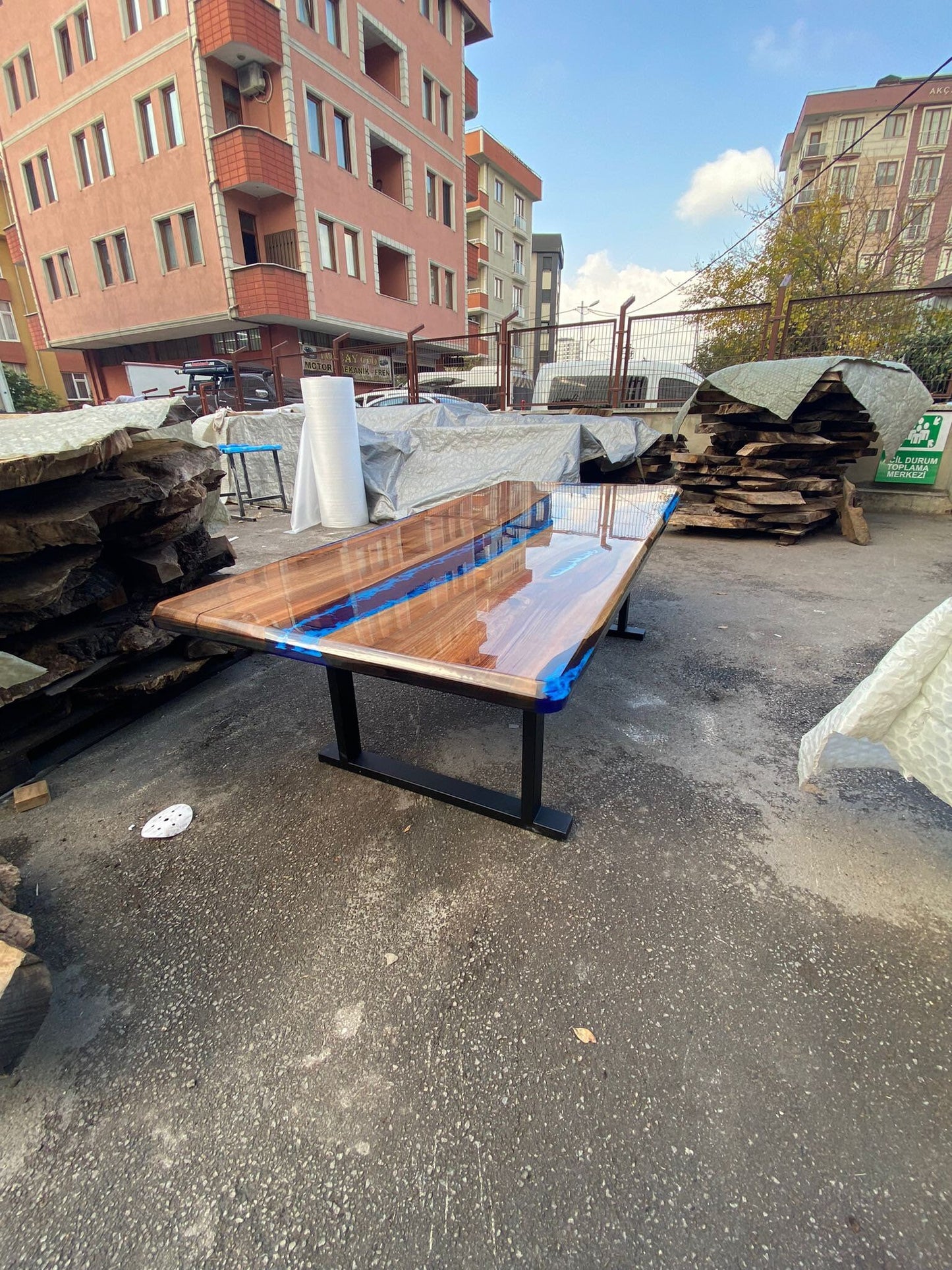 Epoxy Dining Table, Epoxy Resin Table, Custom 96” x 42” Walnut Shiny Royal Blue, Turquoise White Waves Epoxy Table, Order for Rachele