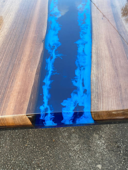 Epoxy Dining Table, Epoxy Resin Table, Custom 96” x 42” Walnut Shiny Royal Blue, Turquoise White Waves Epoxy Table, Order for Rachele