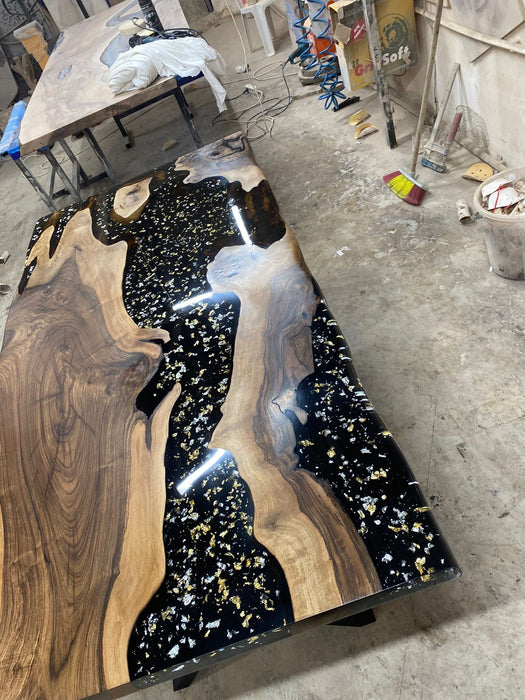 Walnut Dining Table, Epoxy Table, Epoxy Dining Table, Custom 72” x 36” Black Epoxy Table, Gold and Silver Leaf River Table, Order for Tercel