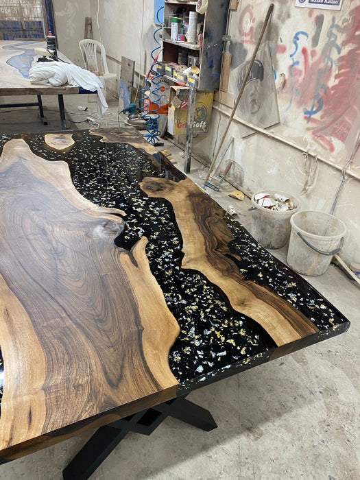 Walnut Dining Table, Epoxy Table, Epoxy Dining Table, Custom 72” x 36” Black Epoxy Table, Gold and Silver Leaf River Table, Order for Tercel