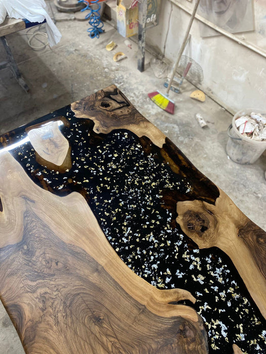 Walnut Dining Table, Epoxy Table, Epoxy Dining Table, Custom 72” x 36” Black Epoxy Table, Gold and Silver Leaf River Table, Order for Tercel