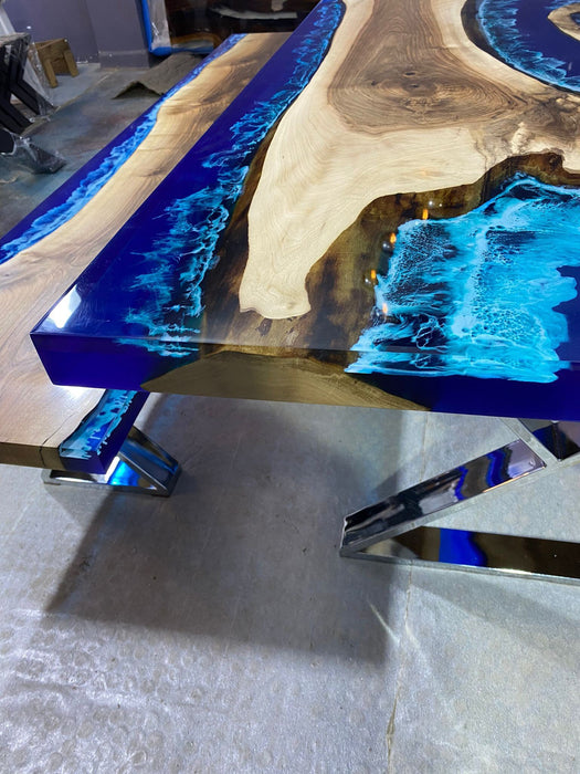 Epoxy Dining Table, Epoxy Ocean Table, Custom 108” x 42” Walnut Ocean Blue, Turquoise White Waves Epoxy River Dining Table Order for Christy
