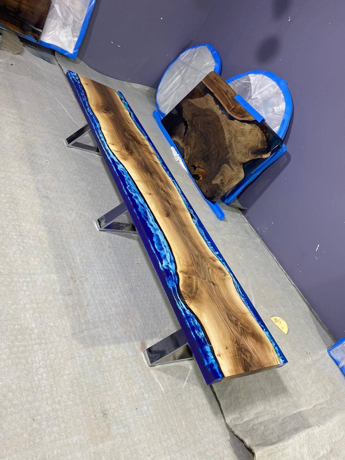 Handmade Epoxy Table, Epoxy Dining Table, Epoxy Resin Table, Custom 98” x 17” Walnut Ocean Blue, Epoxy River Bench Order for Christy