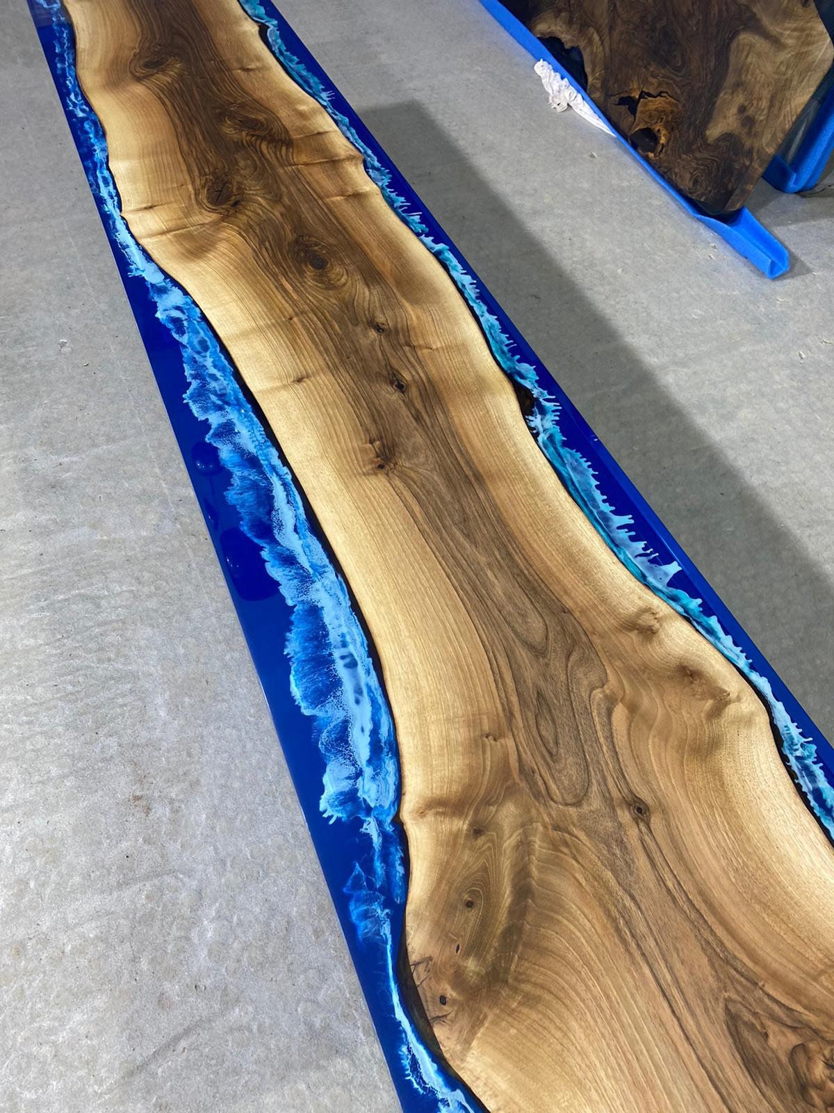 Handmade Epoxy Table, Epoxy Dining Table, Epoxy Resin Table, Custom 98” x 17” Walnut Ocean Blue, Epoxy River Bench Order for Christy