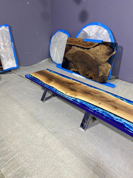 Handmade Epoxy Table, Epoxy Dining Table, Epoxy Resin Table, Custom 98” x 17” Walnut Ocean Blue, Epoxy River Bench Order for Christy