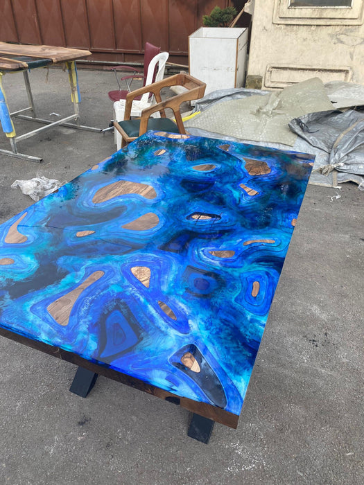 Custom 52” x 32” Walnut Deep Dark Blue and White Swirls Epoxy Dining Table