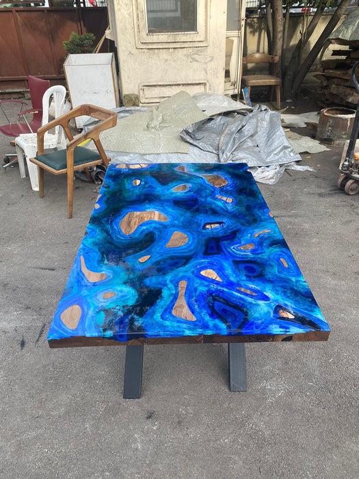 Custom 52” x 32” Walnut Deep Dark Blue and White Swirls Epoxy Dining Table