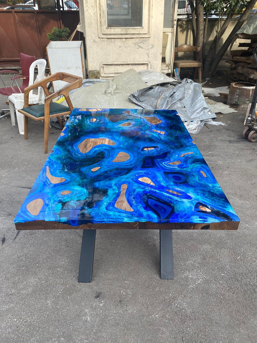 Custom 52” x 32” Walnut Deep Dark Blue and White Swirls Epoxy Dining Table